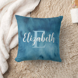 Monogrammed Turquoise Blue Watercolor Abstract  Cushion