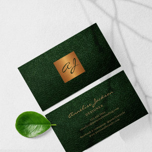 Monogrammed unique green gold business card