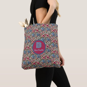 Monogrammed Vintage Floral Houndstooth Plaid Tote Bag