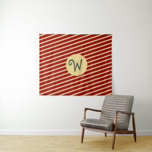 Monogrammed Vintage Golden Stripes on red Tapestry