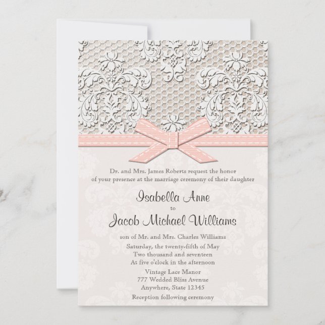Monogrammed Vintage Lace Wedding Invitations Pink (Front)