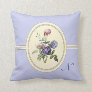 Monogrammed Vintage Pink Roses and Purple Flowers Cushion