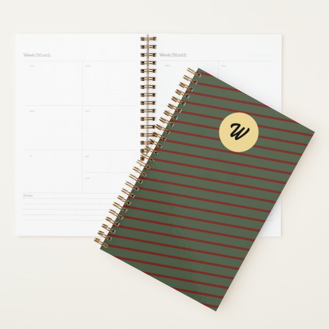 monogrammed Vintage Red & green Stripe pattern Planner (Display)