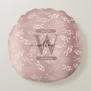 Monogrammed Vintage Rose Gold Damask Pattern Round Cushion