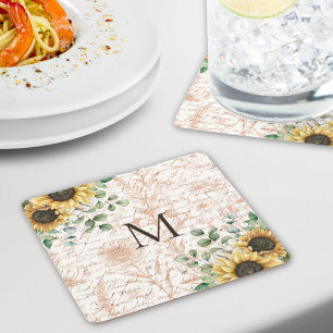Monogrammed Vintage Rustic Sunflower Calligraphy Coaster