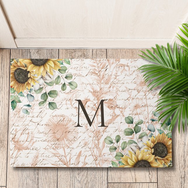 Monogrammed Vintage Rustic Sunflower Calligraphy Doormat (In situ on wood floor)