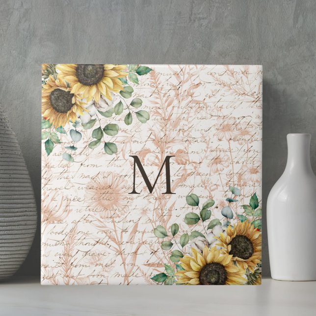 Monogrammed Vintage Rustic Sunflower Calligraphy Tile (In situ on table)