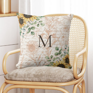 Monogrammed Vintage Rustic Sunflower Decoupage Cushion