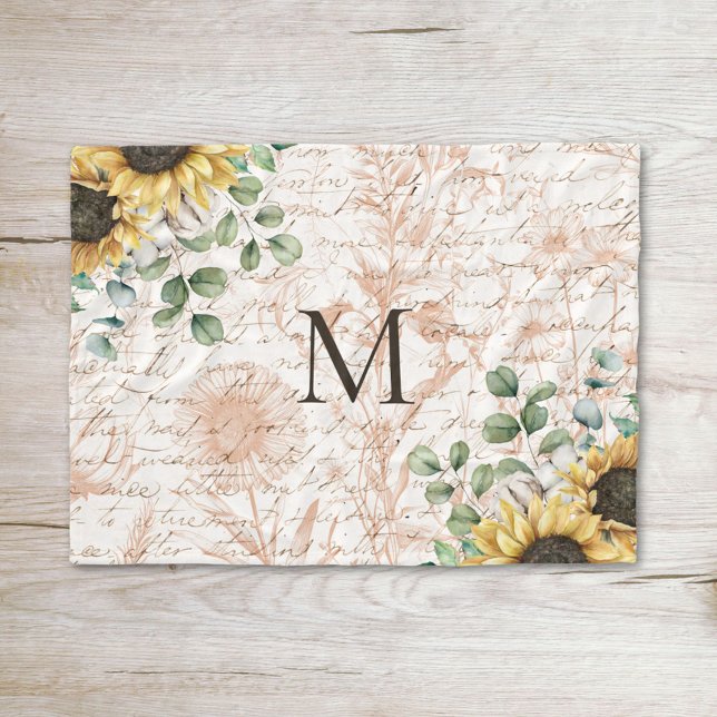 Monogrammed Vintage Rustic Sunflower Decoupage Fleece Blanket (In situ on wood)