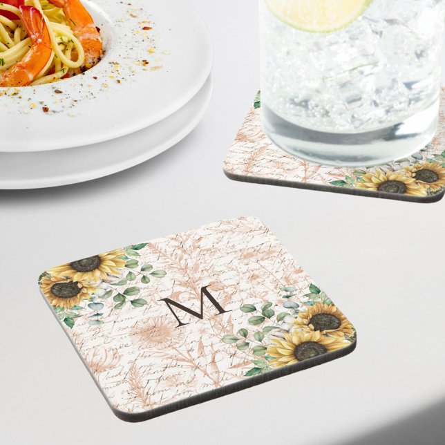 Monogrammed Vintage Rustic Sunflower Decoupage Glass Coaster (In situ on dining table)