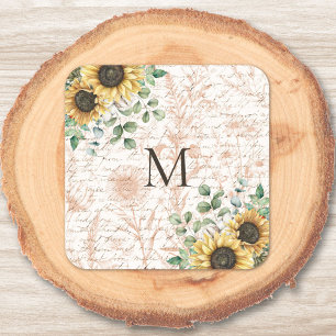 Monogrammed Vintage Rustic Sunflower Decoupage Square Sticker