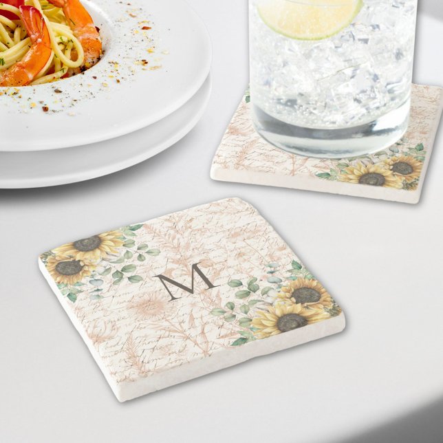 Monogrammed Vintage Rustic Sunflower Decoupage Stone Coaster (In situ on dining table)