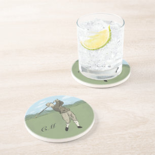 Monogrammed Vintage Style golf art Coaster