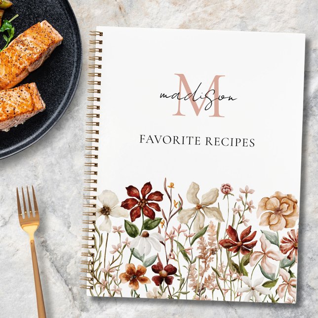 Monogrammed Vintage Wildflower Recipe Cookbook  Notebook (In situ)