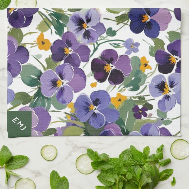 Monogrammed Violet Flowers Pretty Floral Botanical Tea Towel (Folded)