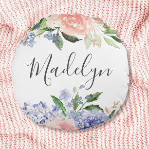 Monogrammed Watercolor Blue Pink Hydrangea Floral Cushion