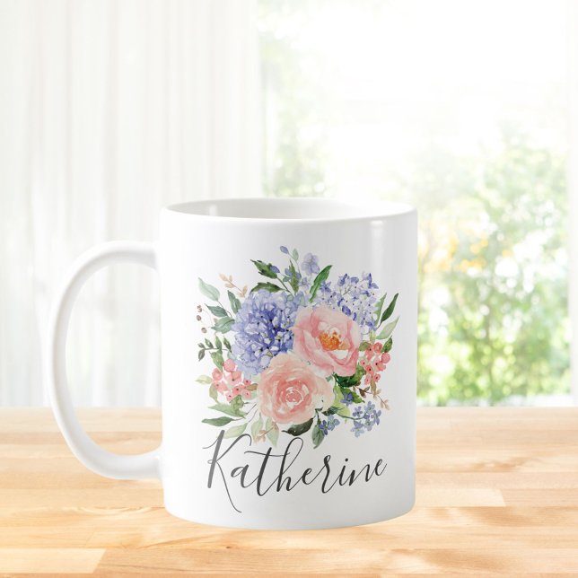 Monogrammed Watercolor Blue Pink Spring Floral Coffee Mug (In situ Kitchen table)