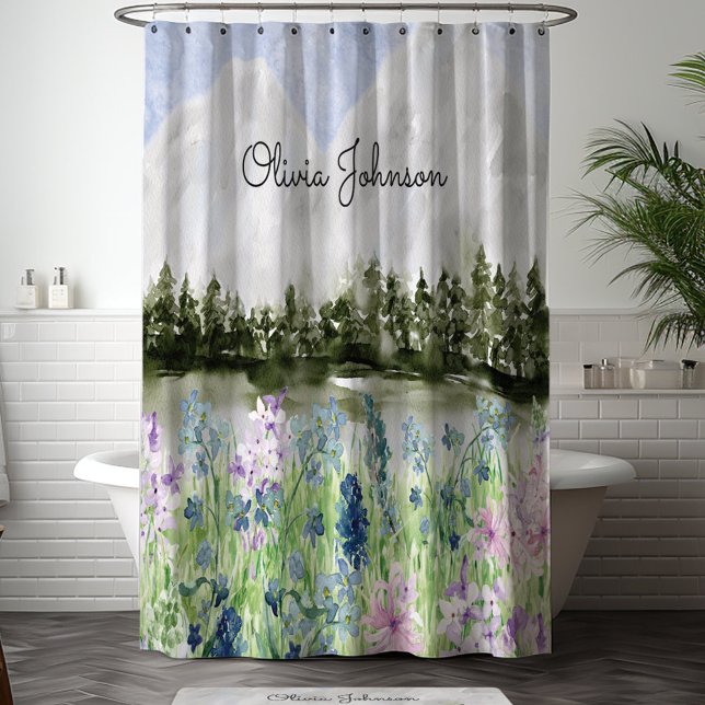 Monogrammed Watercolor Blue Purple Flower Meadow Shower Curtain (In situ bedroom)