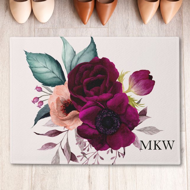 Monogrammed Watercolor Boho Purple Flower Floral Doormat (In situ)