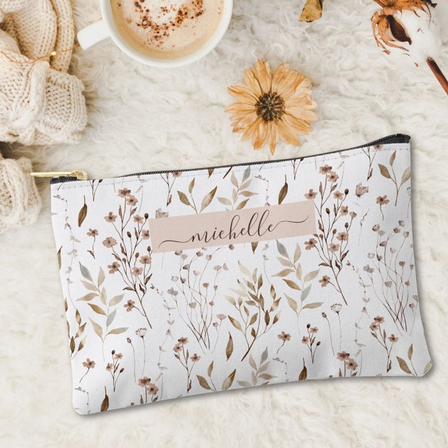 Monogrammed Watercolor Brown Floral Botanical Accessory Pouch (In situ)