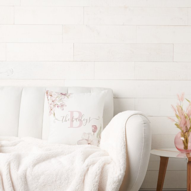 Monogrammed Watercolor Cherry Blossom Pillow (Couch)