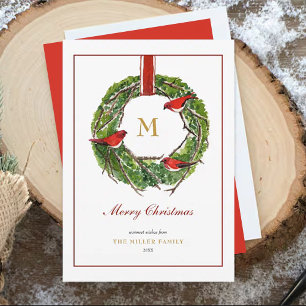 Monogrammed Watercolor Christmas Wreath  Holiday Card
