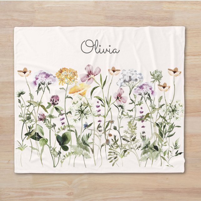 Monogrammed Watercolor Colourful Wildflower Garden Fleece Blanket (Close up)