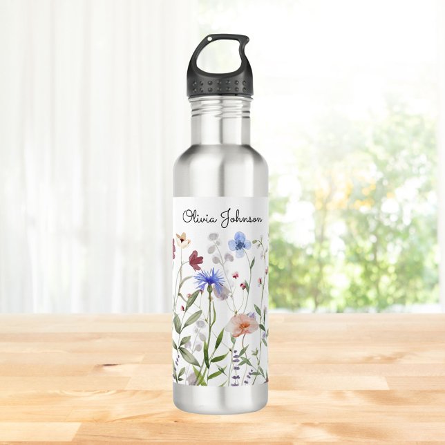 Monogrammed Watercolor Colourful Wildflower Meadow 710 Ml Water Bottle (Close up)