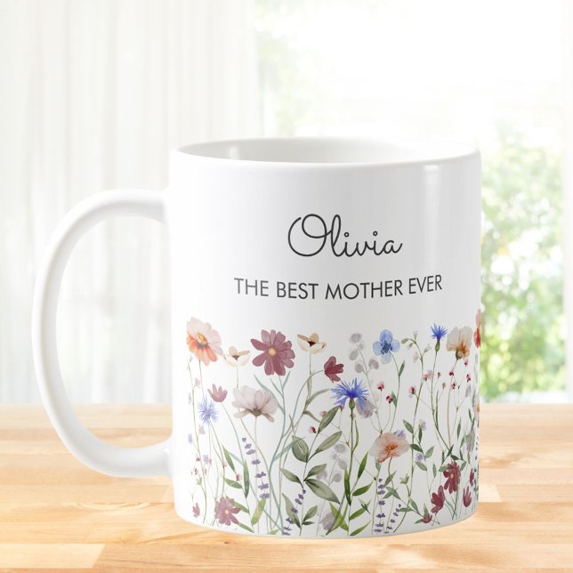 Monogrammed Watercolor Colourful Wildflower Meadow Coffee Mug (In situ)