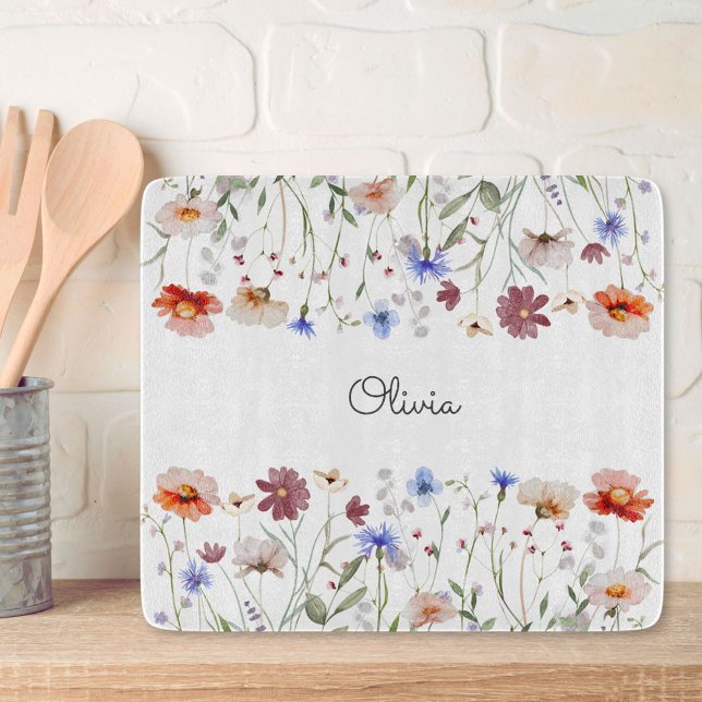 Monogrammed Watercolor Colourful Wildflower Meadow Cutting Board (In situ)