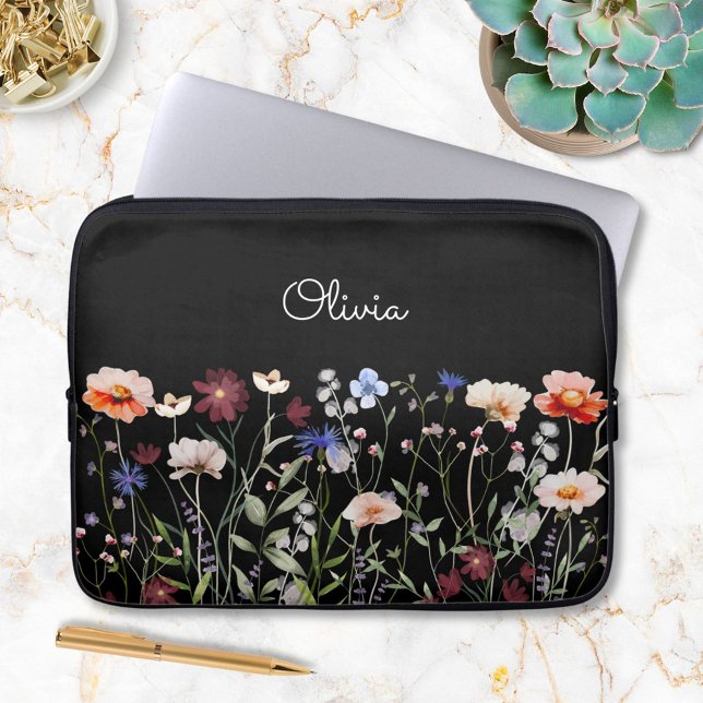 Monogrammed Watercolor Colourful Wildflower Meadow Laptop Sleeve (In situ)