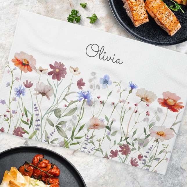 Monogrammed Watercolor Colourful Wildflower Meadow Tea Towel (In situ)