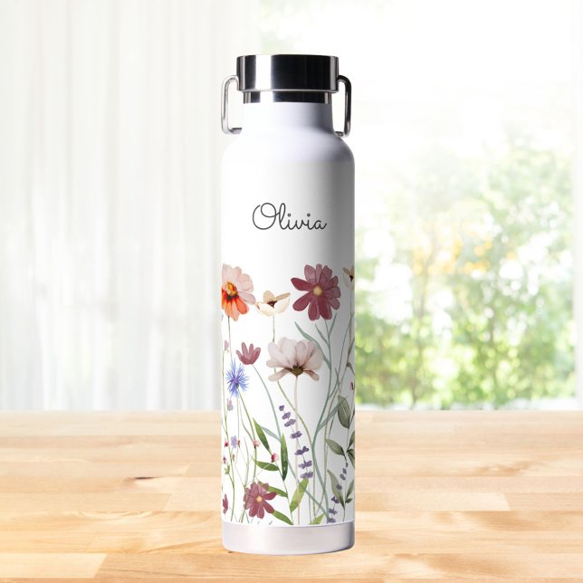 Monogrammed Watercolor Colourful Wildflower Meadow Water Bottle (In situ)