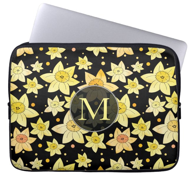 Monogrammed Watercolor Daffodil Pattern Laptop Sleeve (Front)