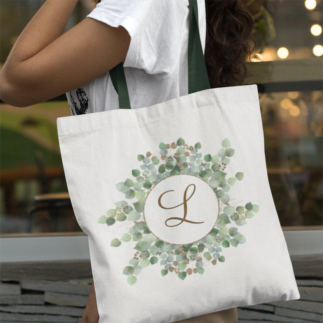Monogrammed Watercolor Eucalyptus Greenery Pretty Tote Bag (Creator Uploaded)
