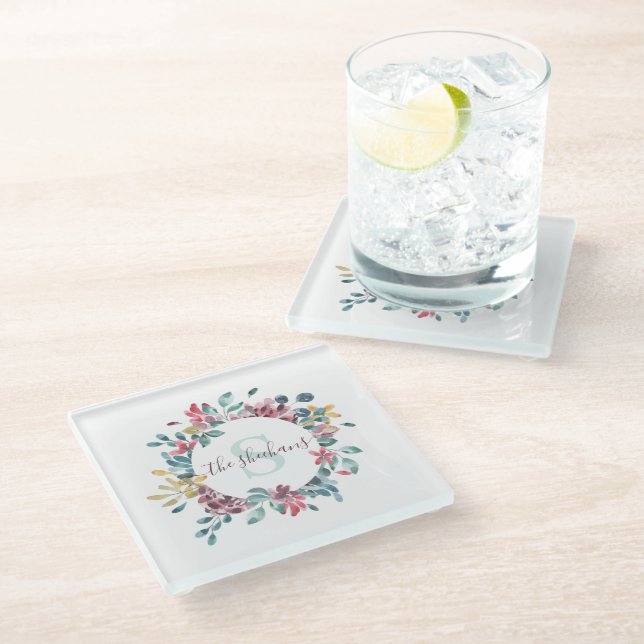 Monogrammed Watercolor Floral Glass Coaster (Angled)