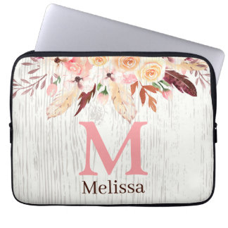 Monogrammed Watercolor Floral on Rustic White Wood Laptop Sleeve