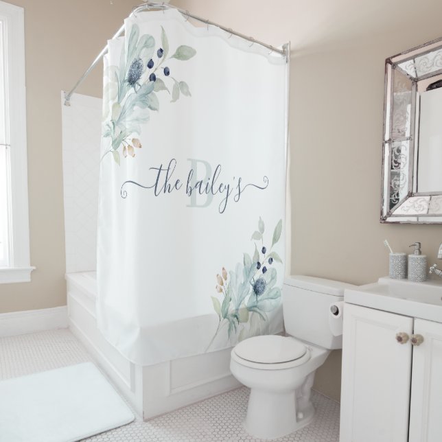 Monogrammed Watercolor Floral Shower Curtain (In Situ)