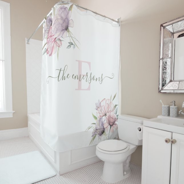 Monogrammed Watercolor Floral Shower Curtain (In Situ)