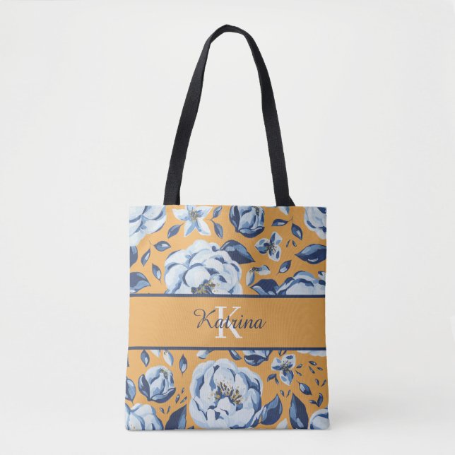 Monogrammed Watercolor Floral Tote Bag (Front)