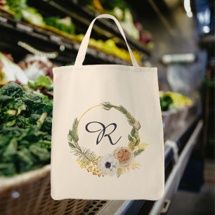 Monogrammed Watercolor Floral Wreath Tote Bag