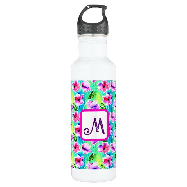 Monogrammed Watercolor Flowers  710 Ml Water Bottle (Front)