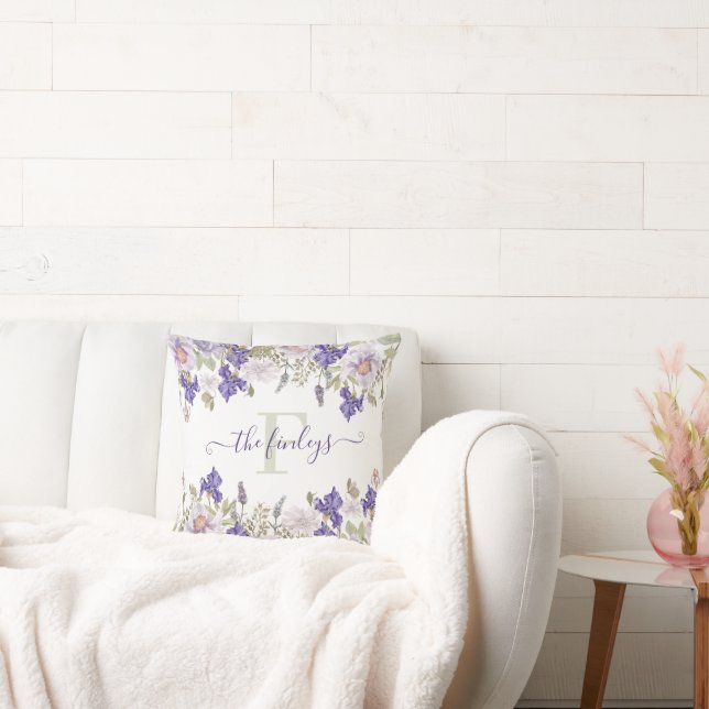 Monogrammed Watercolor Iris Lavender Pillow (Couch)