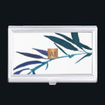 Monogrammed watercolor leaves glam copper square business card holder<br><div class="desc">Luxurious and glamourous classy professional monogrammed business card holder featuring a hand painted deep ocean blue laurel leaves branch with a shiny beige tan copper metallic look geometric square label. Ideal for makeup artist | hairstylist | fashion stylist | home interior decorator | designer | architect, fashion boutique owner, boss...</div>