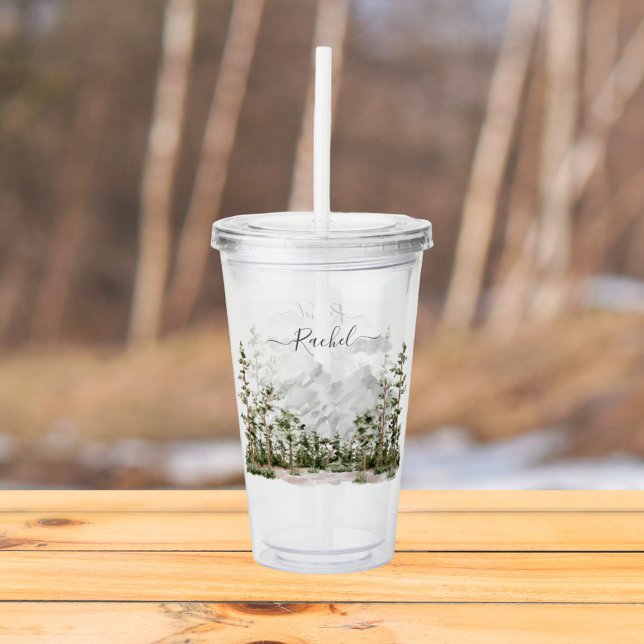 Monogrammed Watercolor Mountain and Forest Acrylic Tumbler (In situ outdoor)