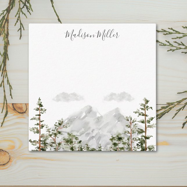 Monogrammed Watercolor Mountain and Forest Card (Close up)