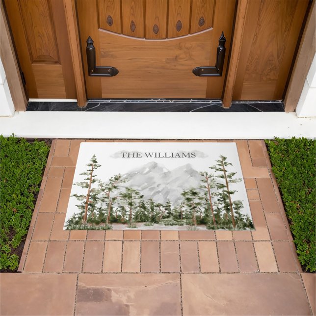 Monogrammed Watercolor Mountain and Forest Doormat (Outdoor)
