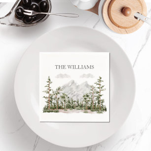 Monogrammed Watercolor Mountain and Forest Napkin