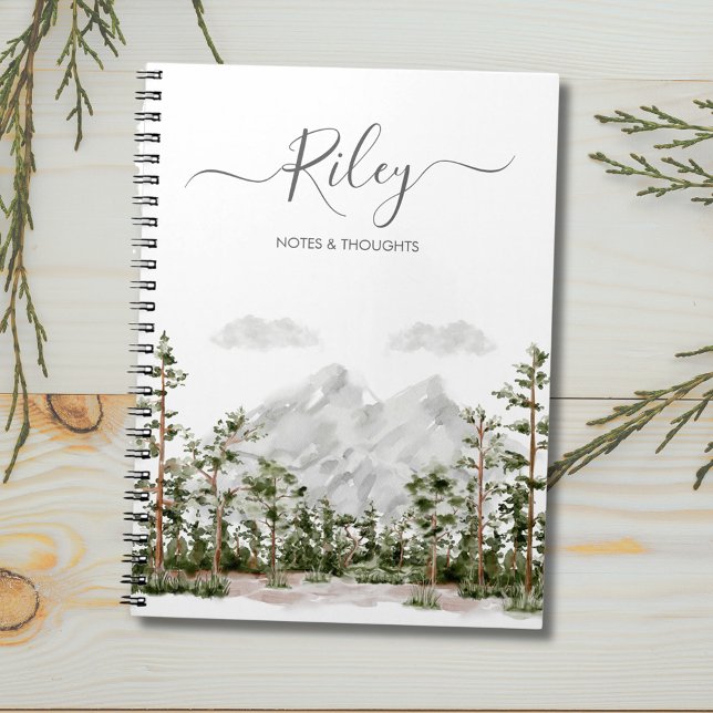 Monogrammed Watercolor Mountain and Forest  Notebook (Close up)