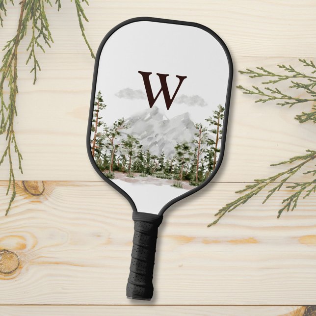 Monogrammed Watercolor Mountain and Forest Pickleball Paddle (Close up)